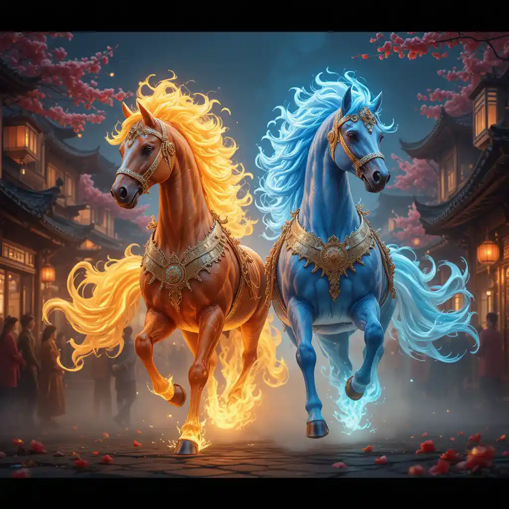 Divine flaming horses galloping through a festive Chinese village
