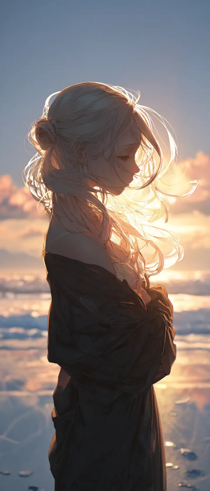 Anime vampire girl alone on a quiet sunrise beach
