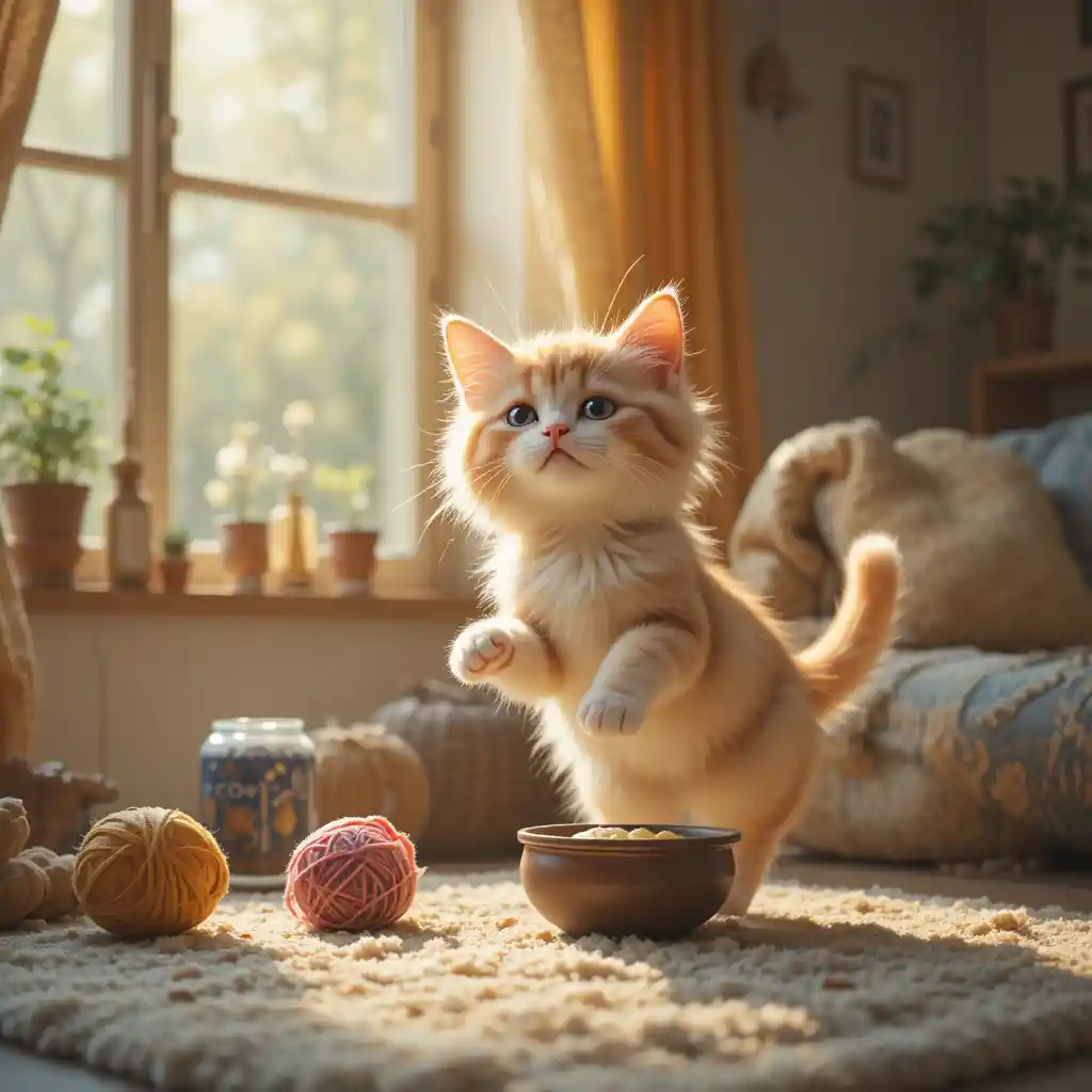 Cute fluffy cat in a cozy room with soft sunlight