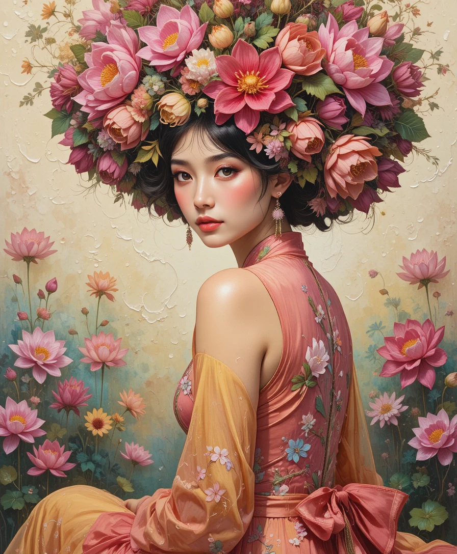 Retrato de mujer china con cabello afro de flor de loto – pintura
