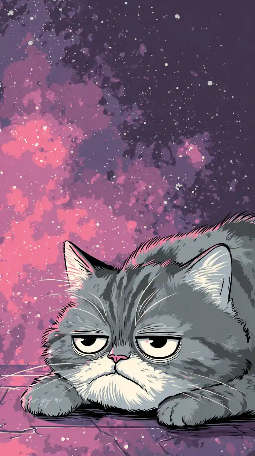 Grumpy cartoon tabby cat on cosmic neon galaxy floor