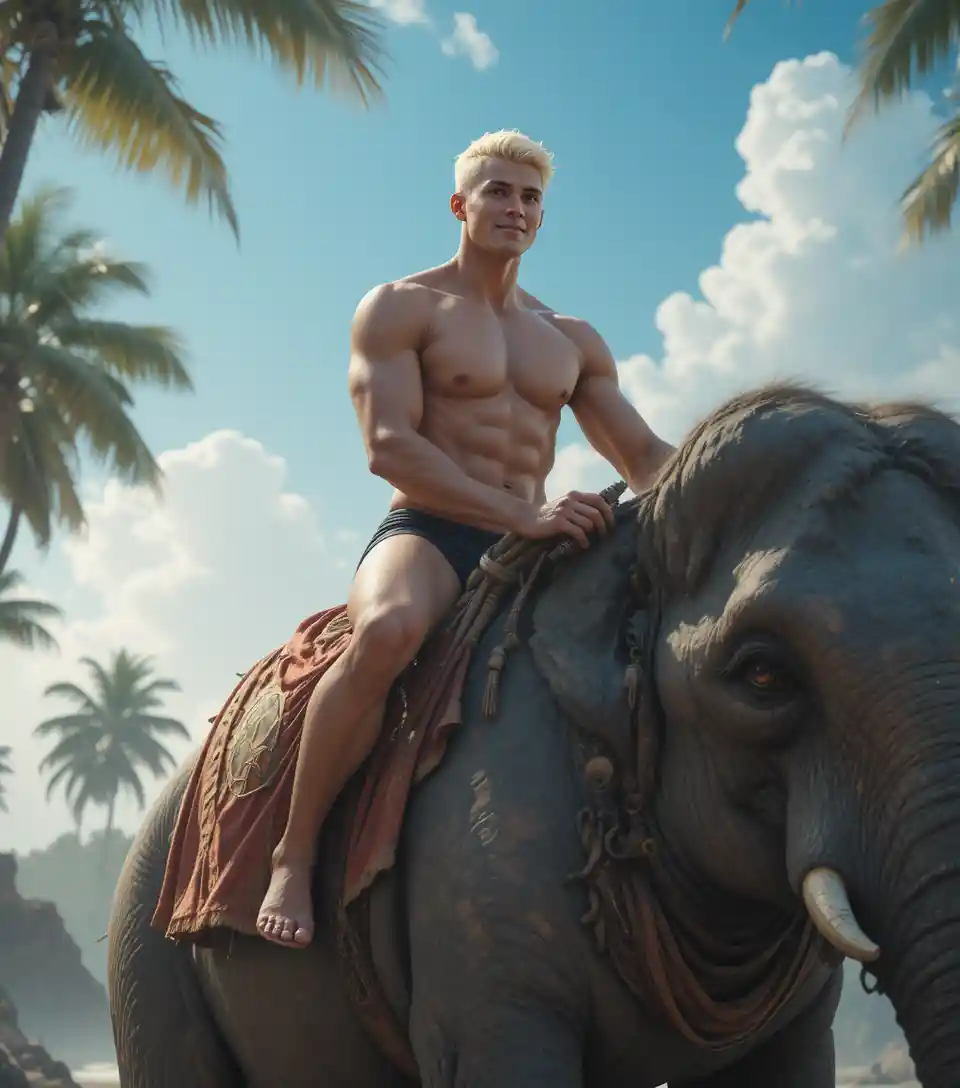 Young blond man riding an elephant on tropical beach