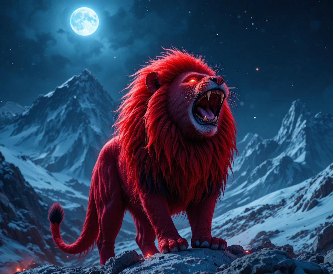 León rojo rugiendo en una montaña nevada de noche