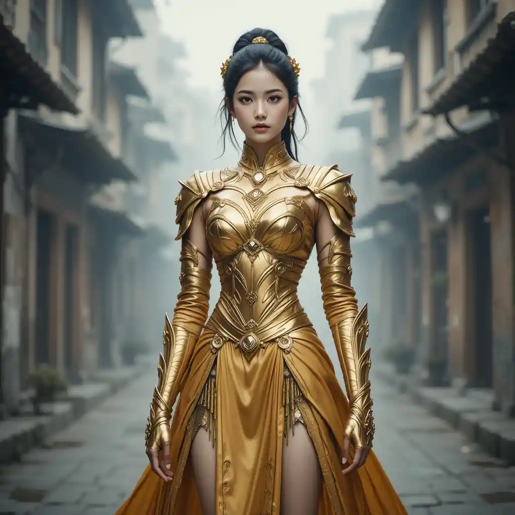 Young armored woman standing on a hazy urban street