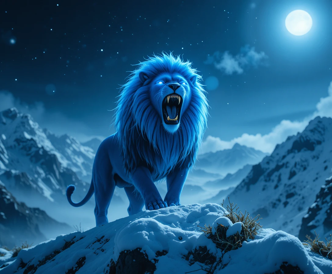 León azul rugiendo en una montaña nevada de noche