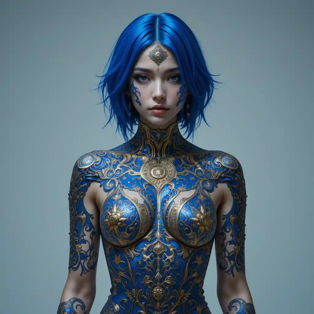 Donna cyberpunk con capelli blu cobalto e corpo metallico ornato