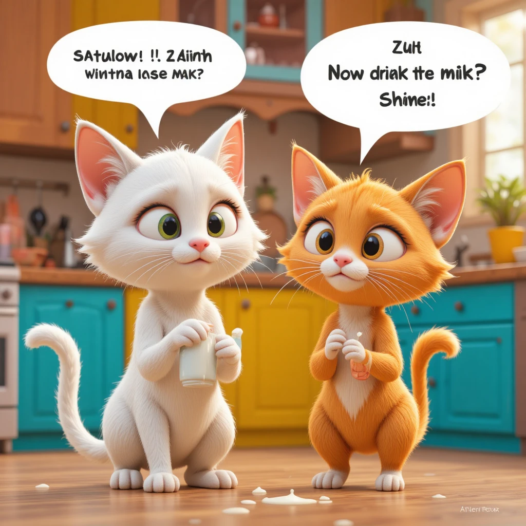 Due gatti 3D a cartone animato che parlano in una cucina colorata