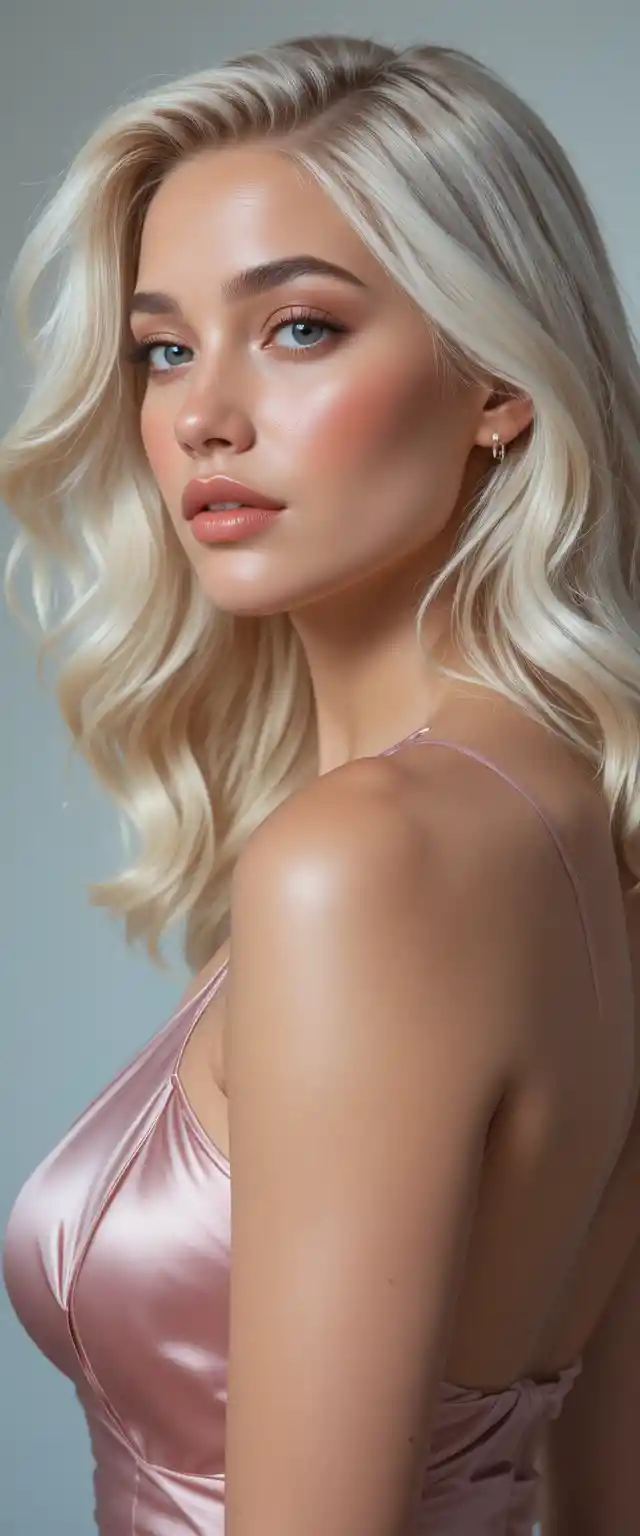 Blonde woman close up portrait in pink satin halter top