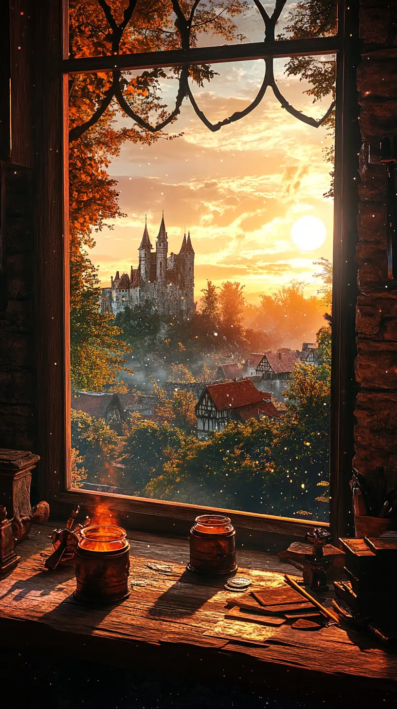 Wizard tower window overlooking a moonlit fantasy castle