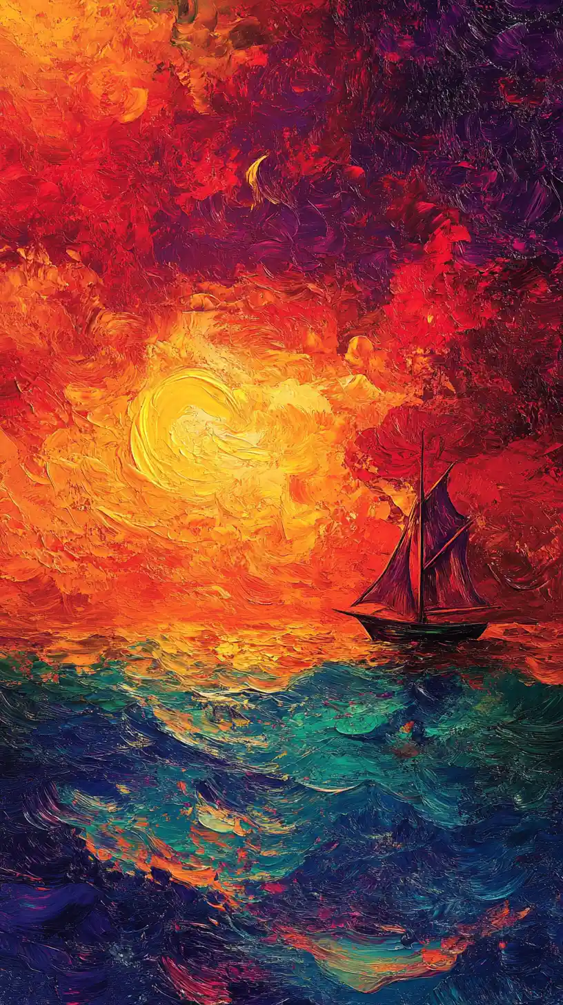 Dramatic red sea sunset with sailing ship at night