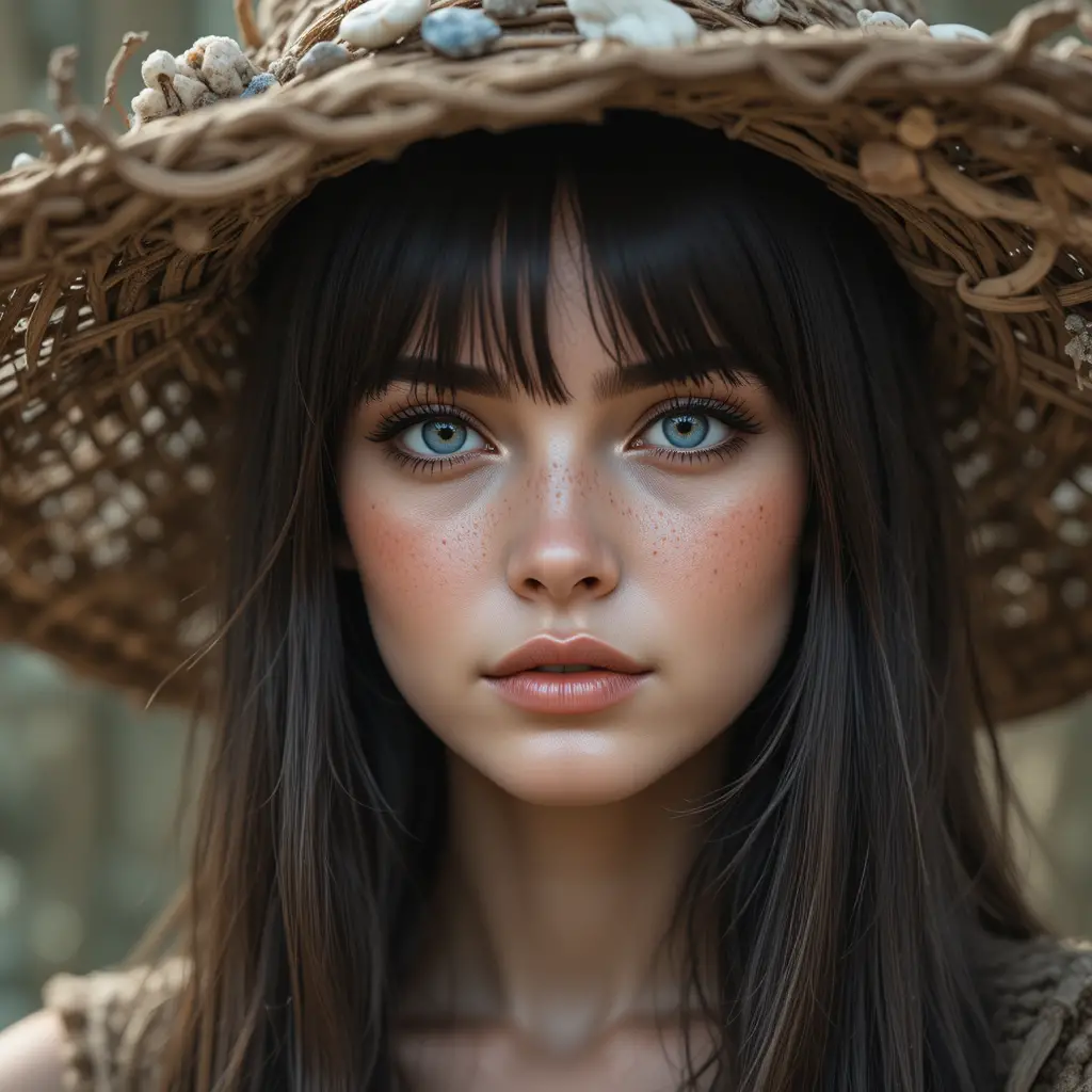 Young woman in rustic hat with blue eyes portrait