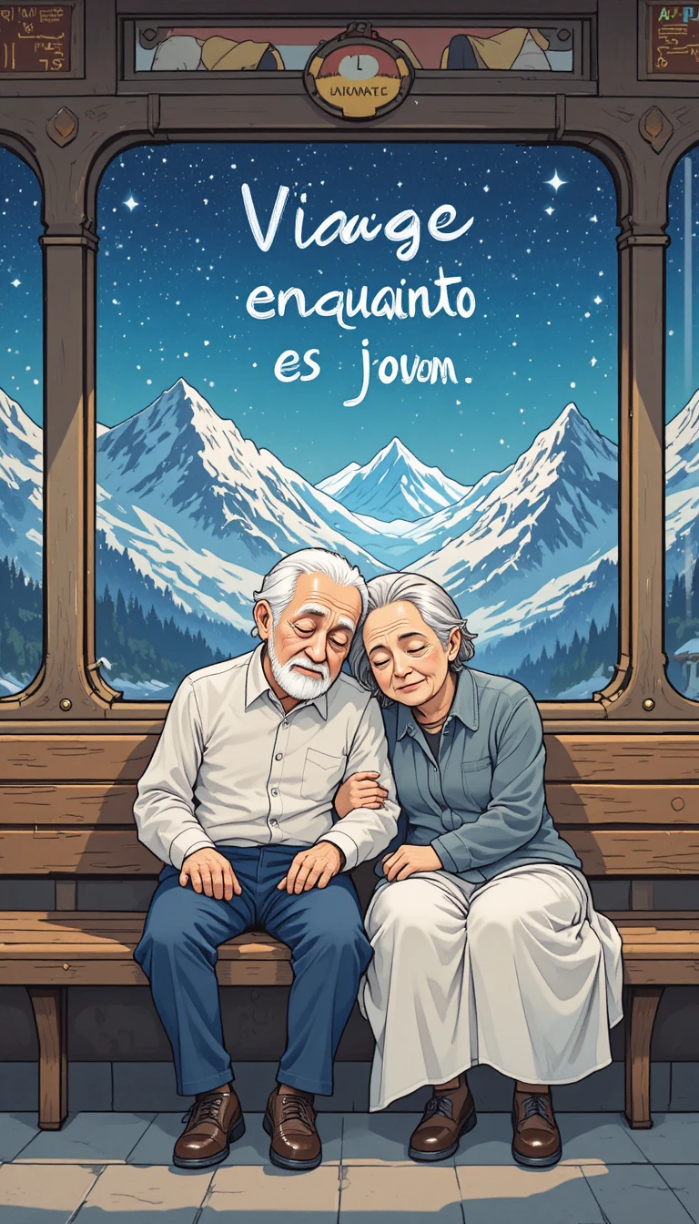 Couple âgé dormant dans un train avec vue sur les Alpes suisses