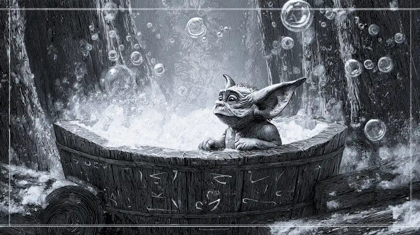 Bebé duende místico bañándose en una tina en el bosque invernal