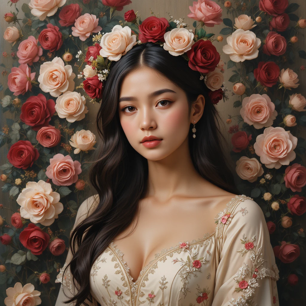 Romantic oil portrait of a young woman with floral crown