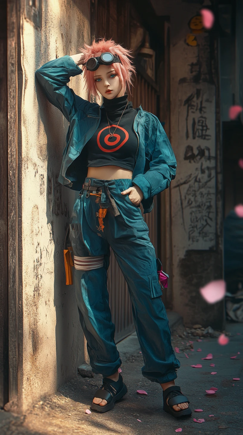 Pink haired anime girl leaning in a sunlit alley