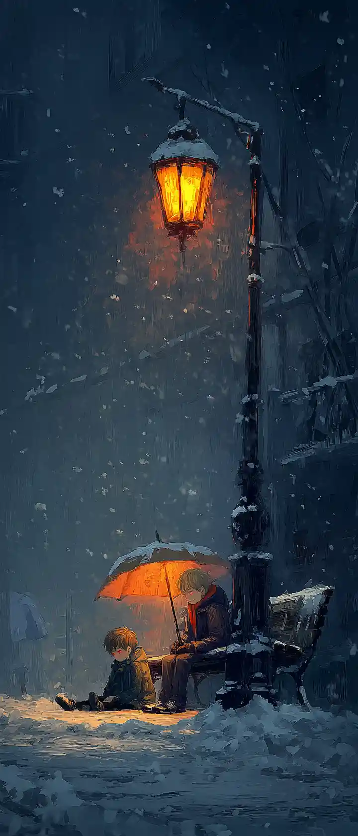Vampire Boy Sheltering Homeless Man In Snowy Street