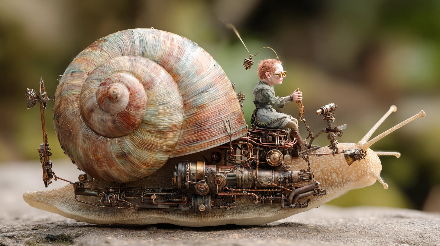 Gnome maiden riding an iridescent snail with engines