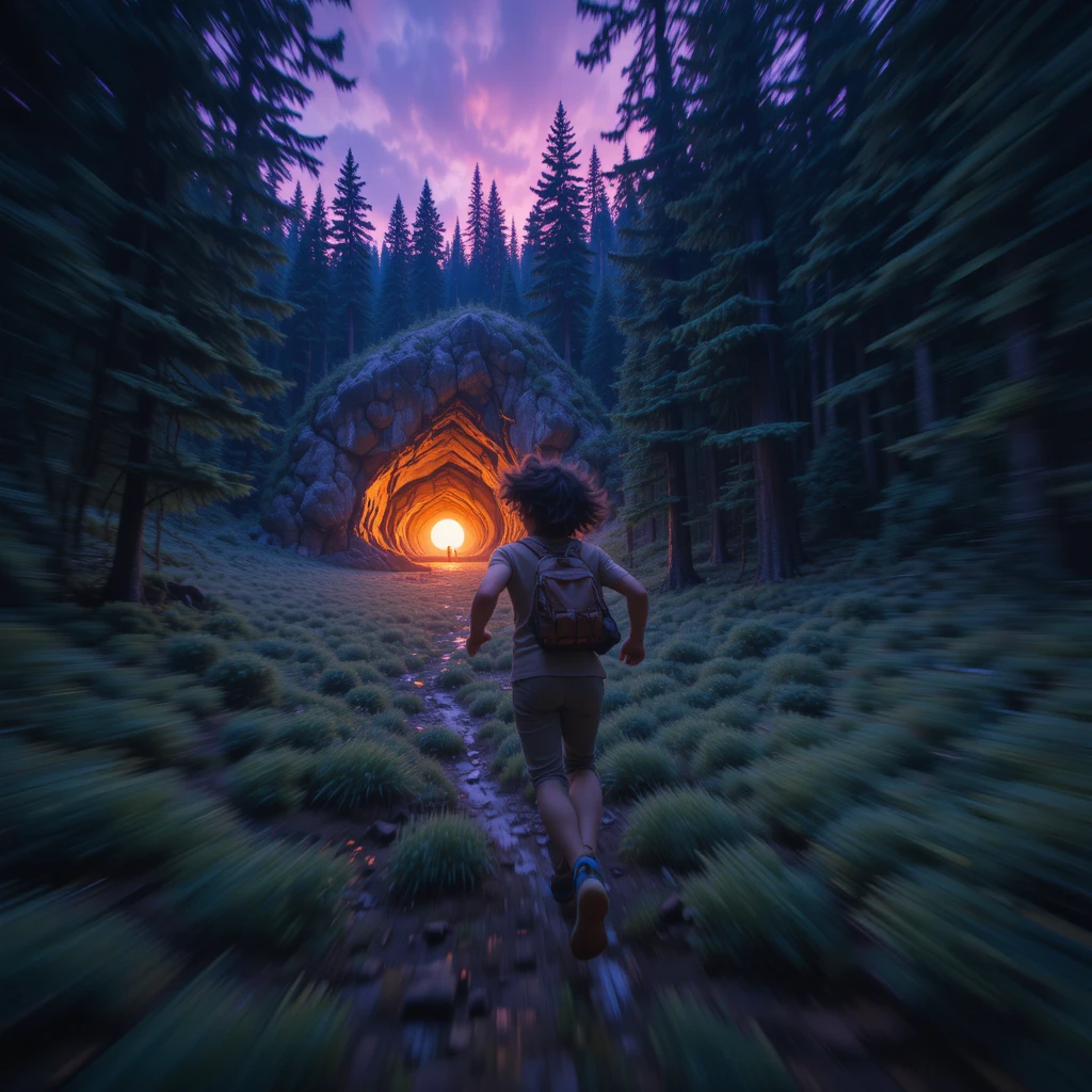 Niño corriendo hacia una cueva luminosa en un denso bosque de pinos