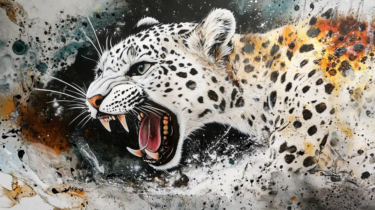 Snow leopard leaping forward in abstract ink art