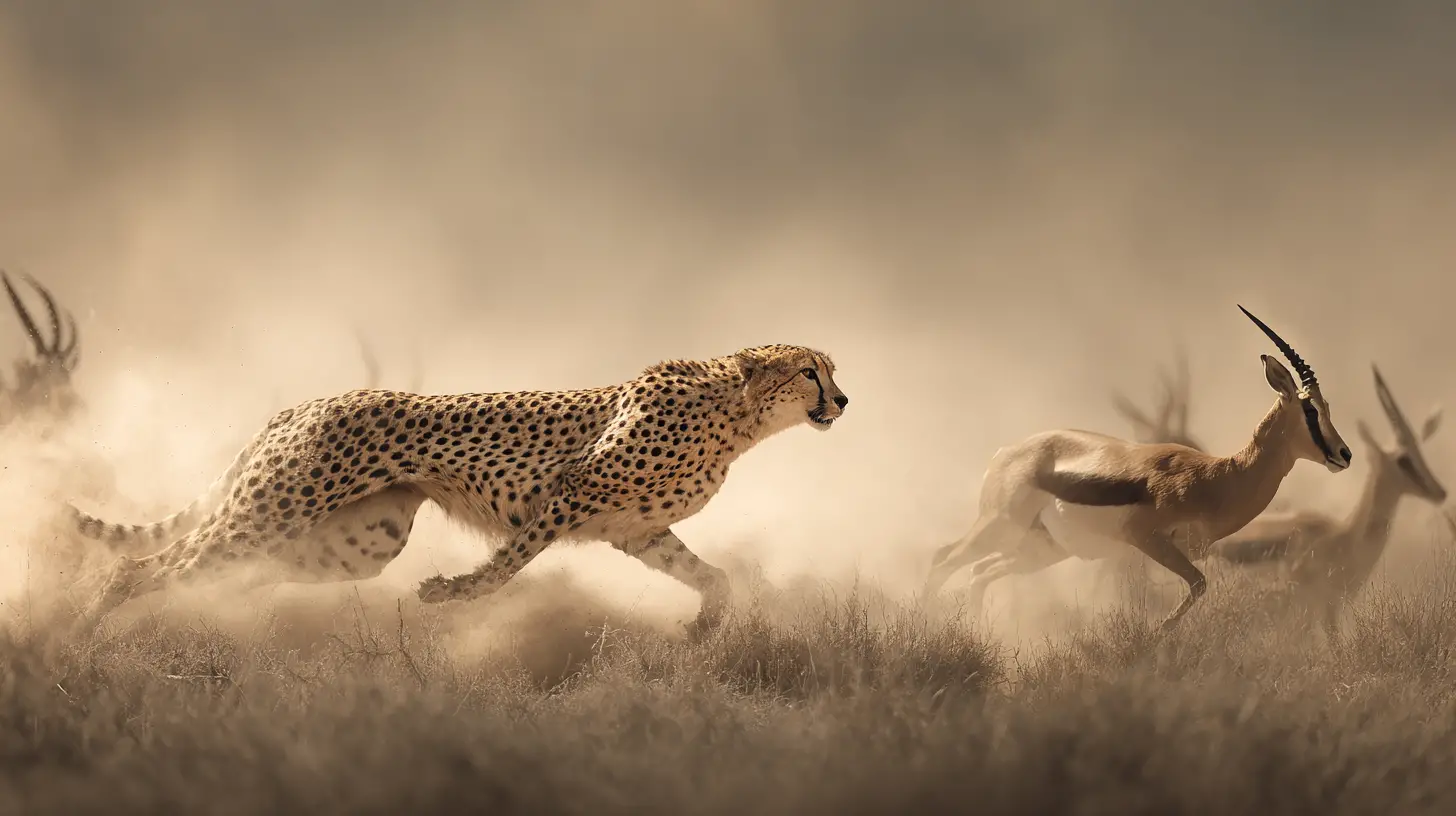 Cheetah sprinting after gazelle across dusty African plains