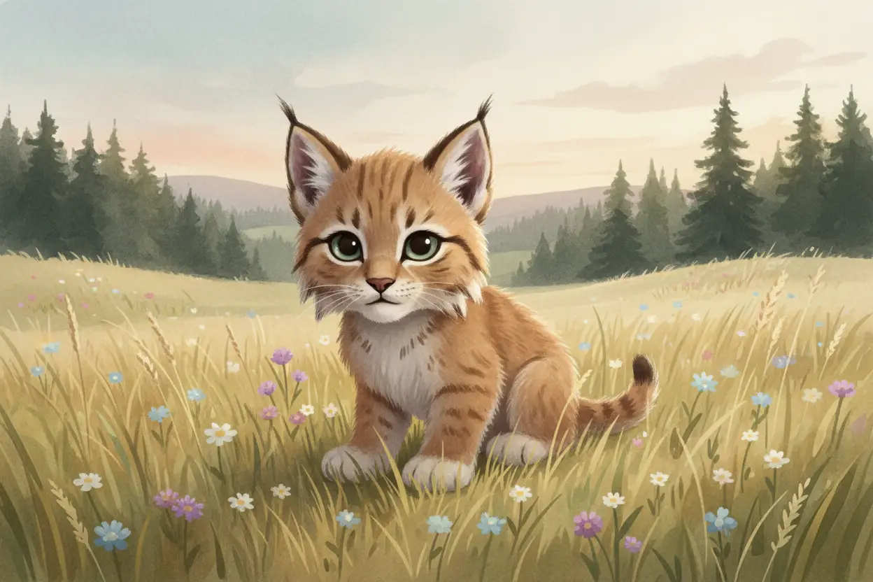 Watercolor lynx kitten in tall prairie summer grass