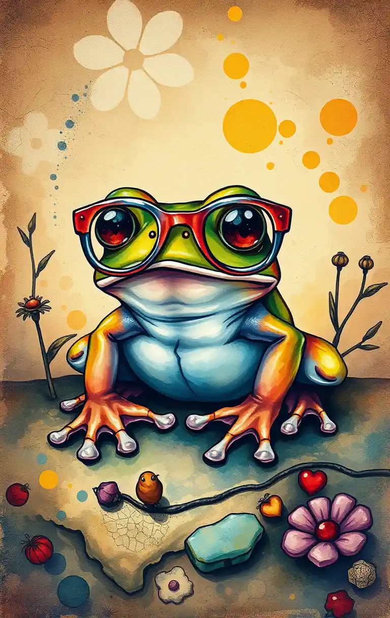 Whimsical Watercolor Frog With Glasses In Fantasy Landscape
