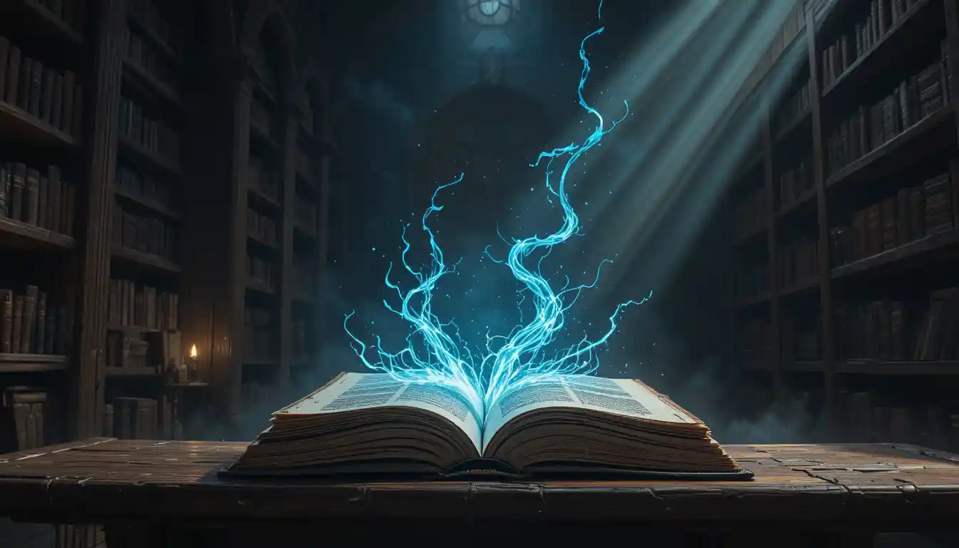 Ancient library tome glowing with blue magical energy