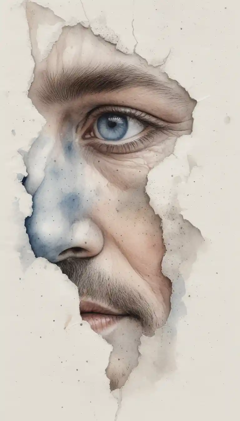 Fragmented elderly male face in mixed media close up