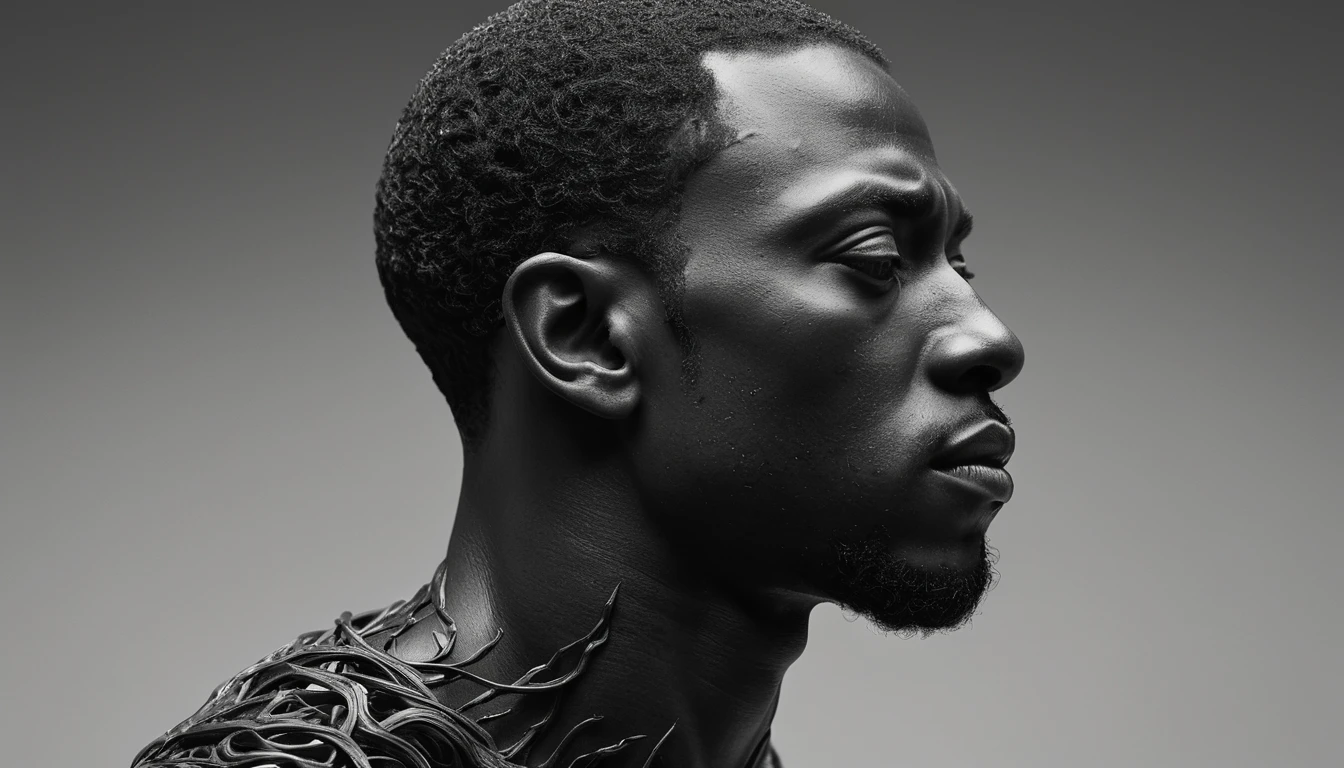 Retrato monocromático de perfil de un hombre como escultura viva