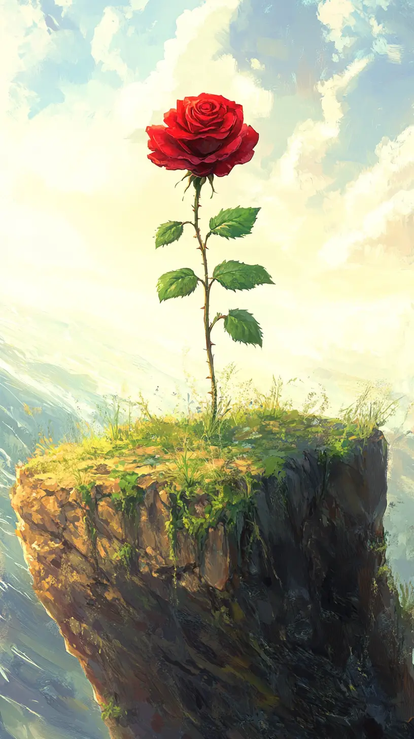 Red rose on a grassy cliff above a bright sea