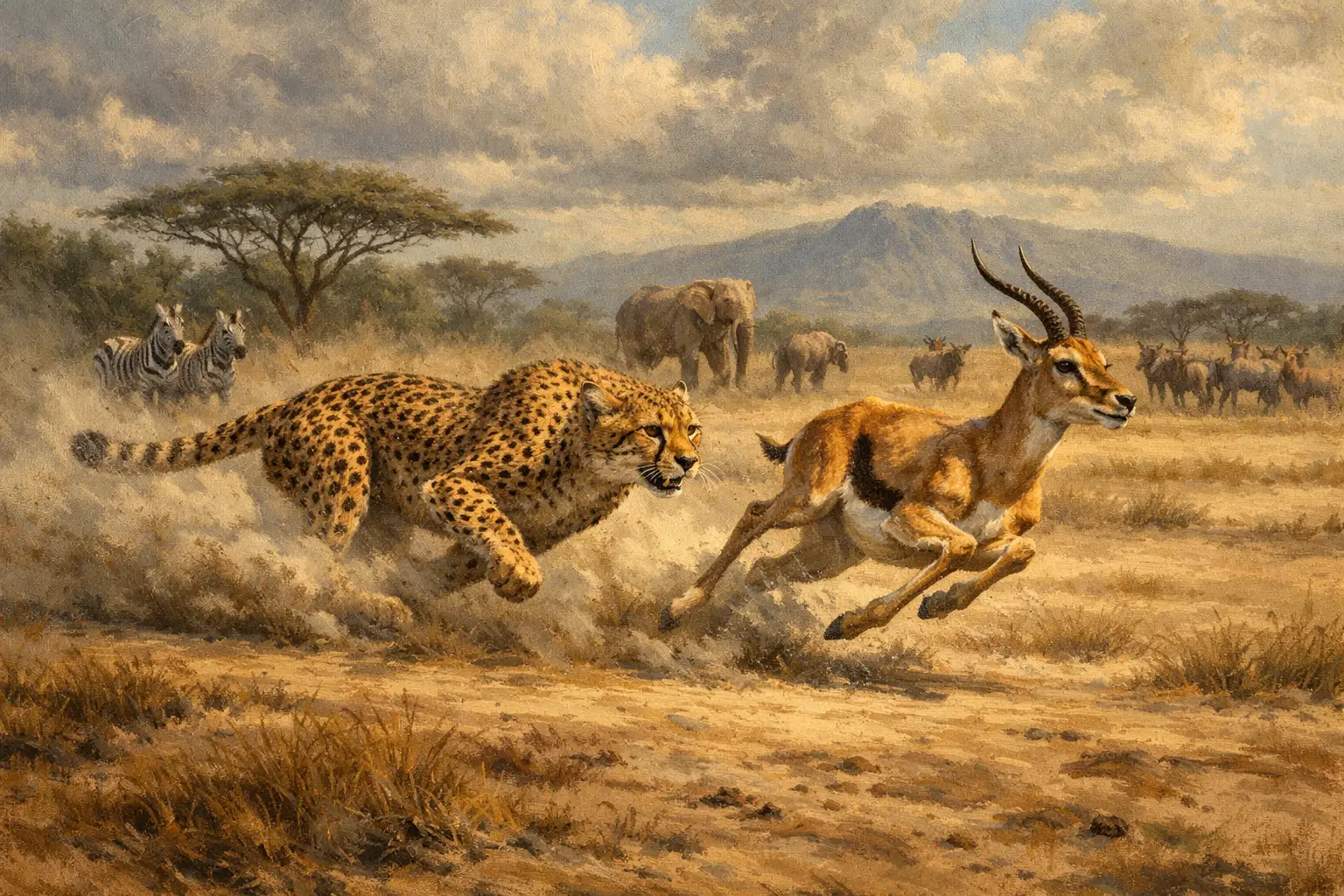 Cheetah chasing gazelle across dusty African savanna