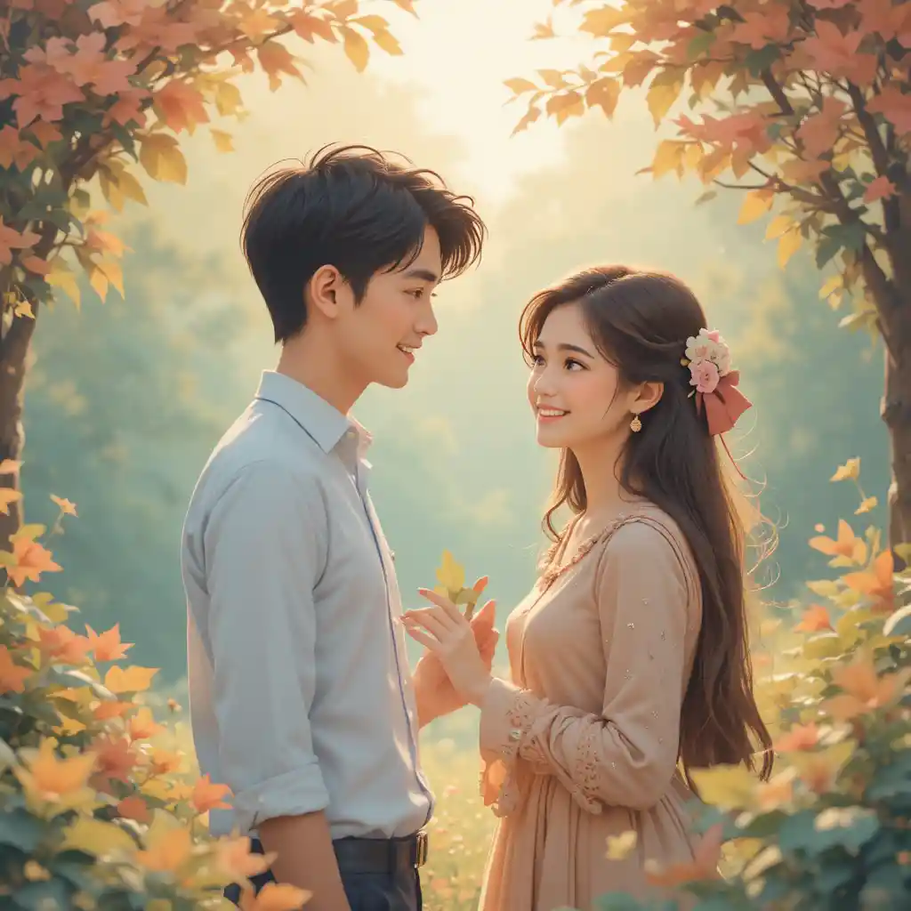 Young couple in a quiet college garden love confession
