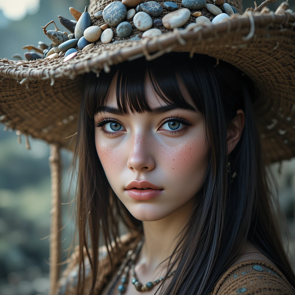 Joven mujer con sombrero rústico de ala ancha y ojos azules