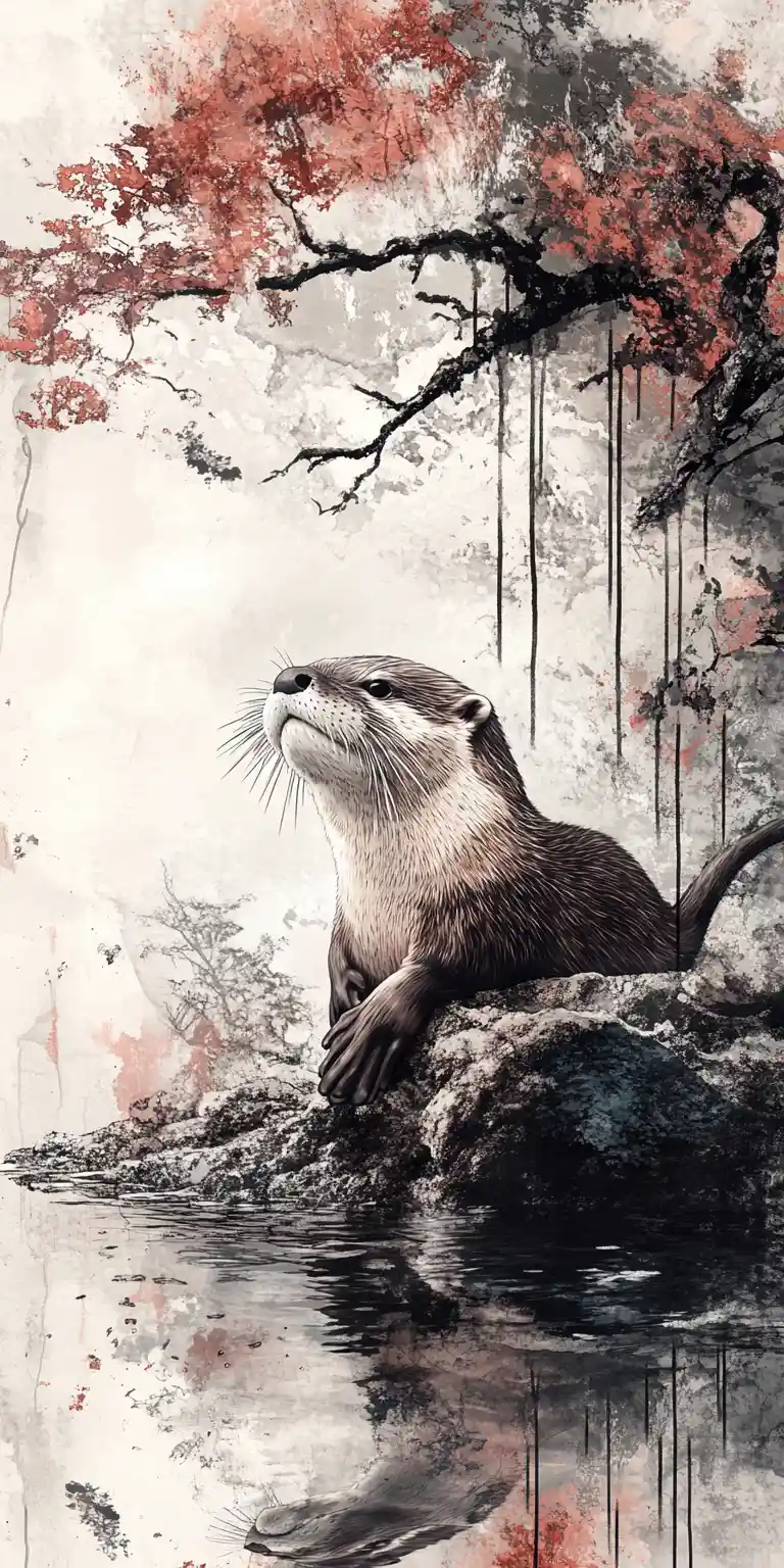 Otter Emerging From Serene Pond In Mixed Media Collage