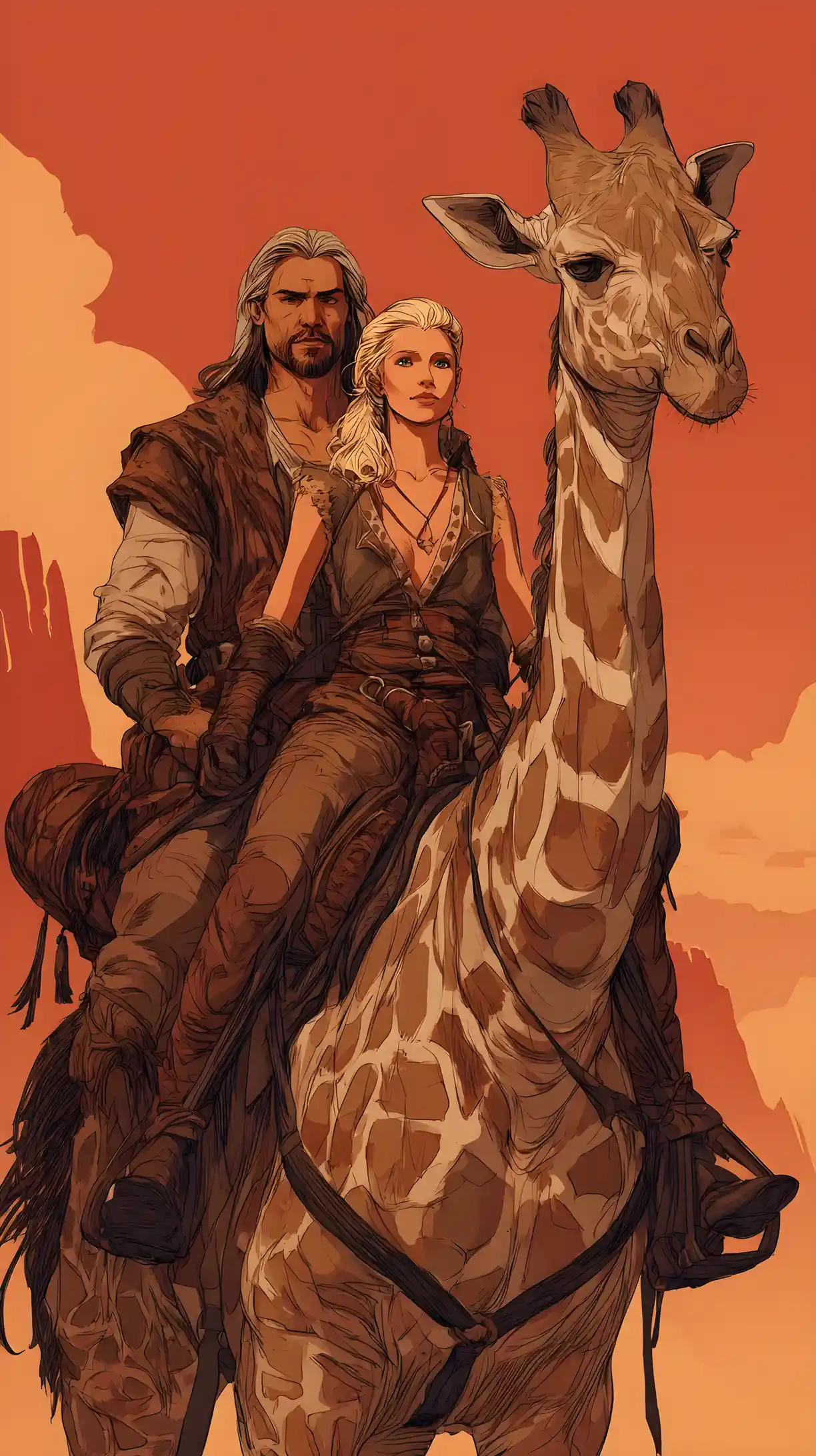 Man and woman riding a giraffe through red wilderness