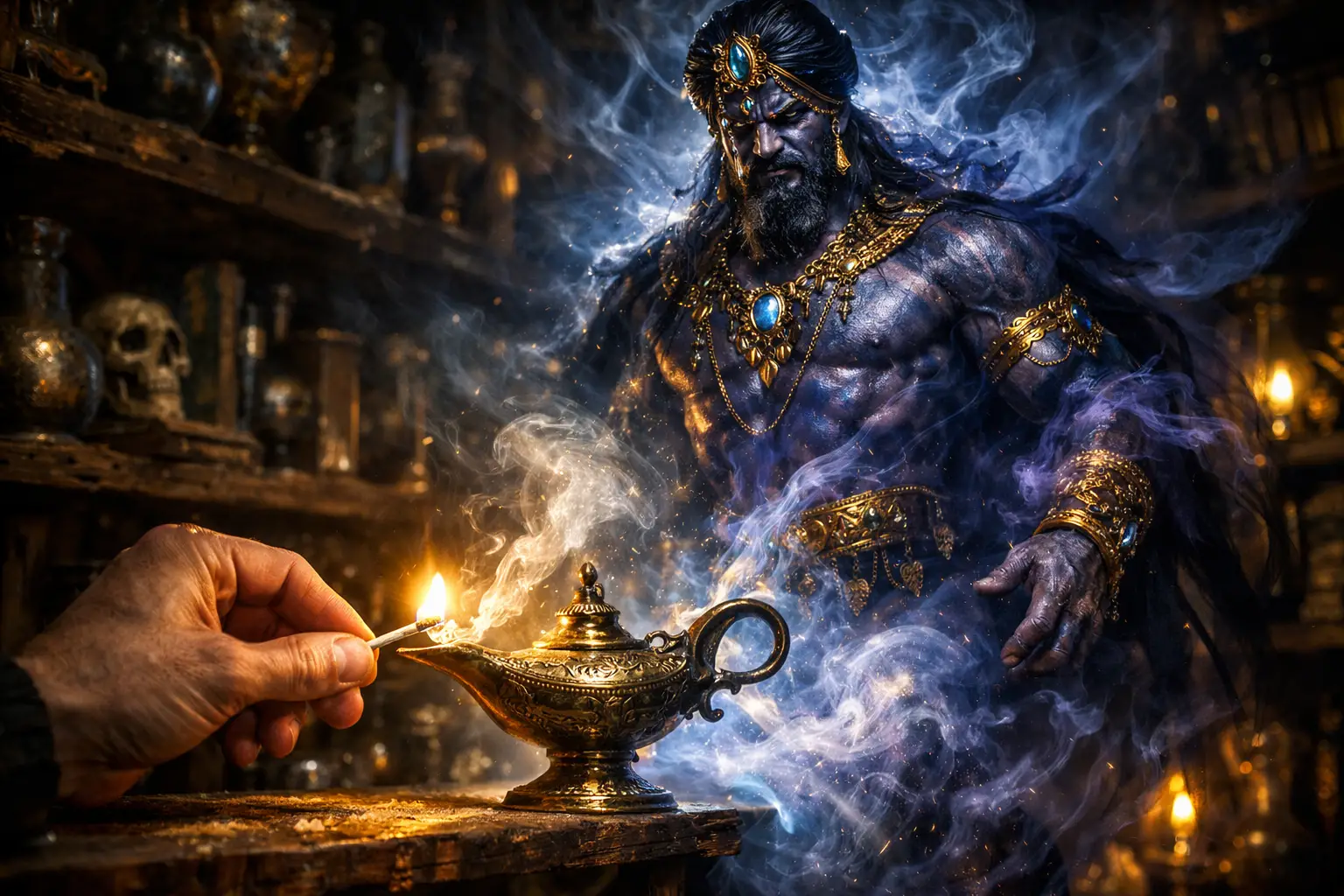 Genie Emerging From Lamp In Dark Antique Shop