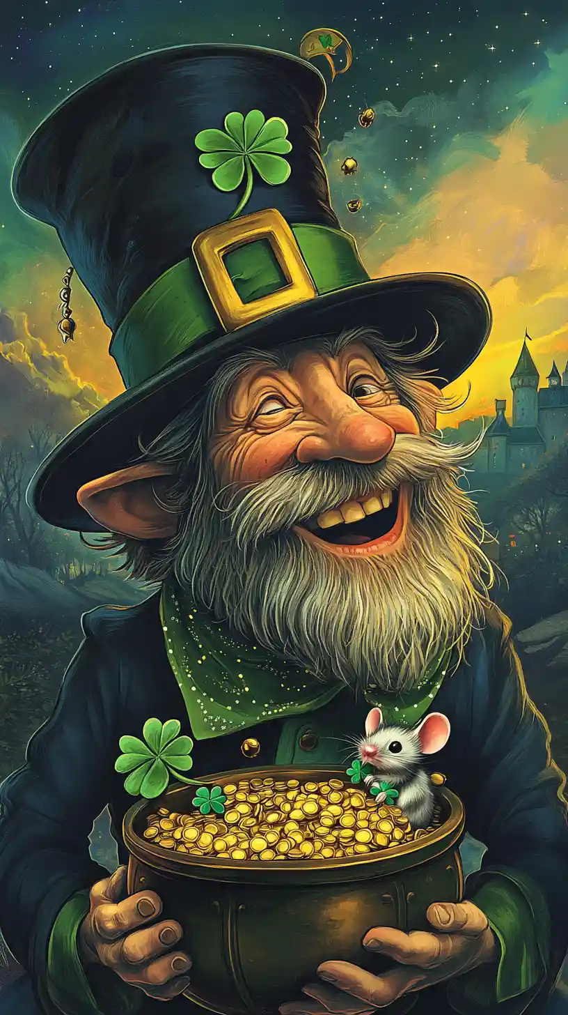 Old leprechaun laughing while holding a pot of gold