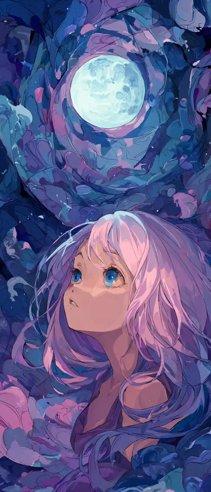 Anime girl gazing at a luminous full moon