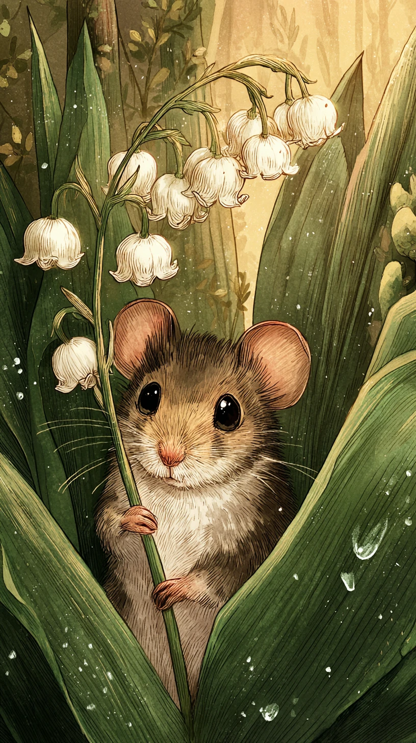 Cute mouse with lily of the valley in sunny meadow