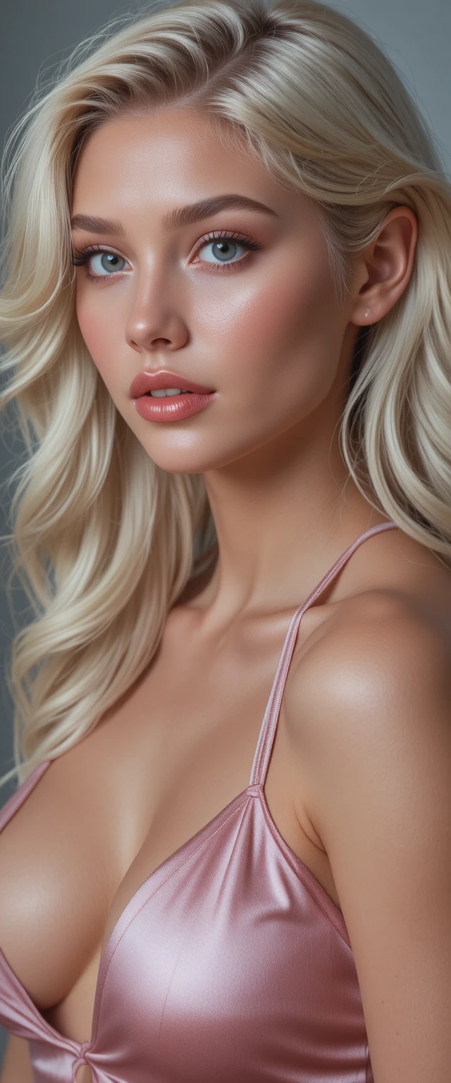 Porträt einer blonden Frau im rosa Satin-Neckholder-Top