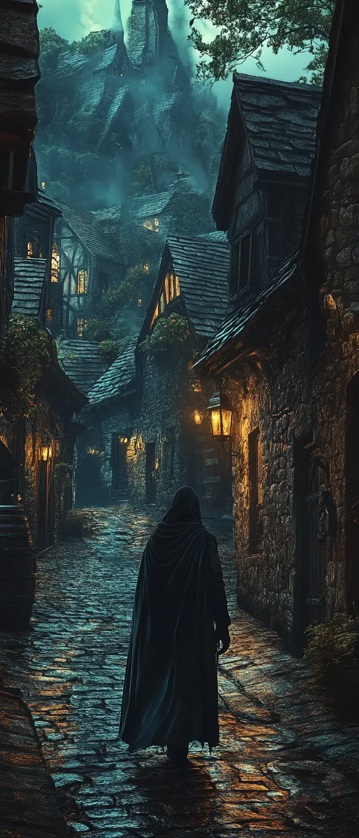 Medieval night watchman walking along wet lamplit street