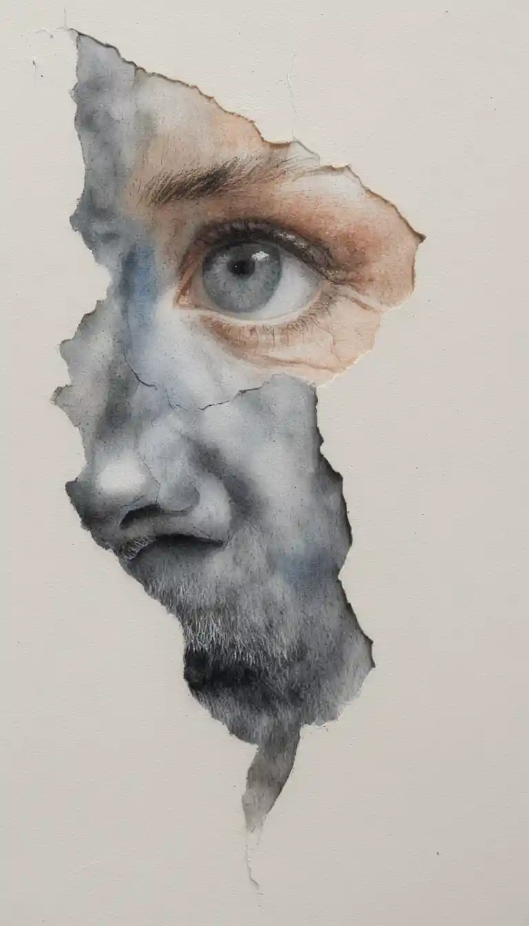Fragmented aged male face study in mixed media profile