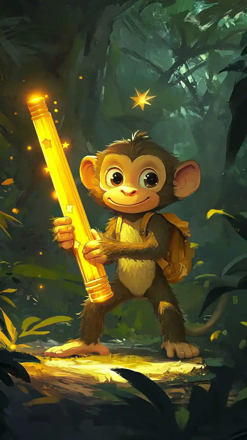Cartoon monkey holding a glowing golden pencil in forest