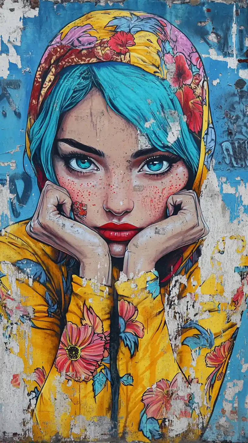 Blue haired woman in floral headscarf graffiti portrait