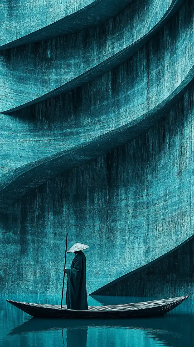 Monje solitario junto a un lago turquesa en calma con bote de madera