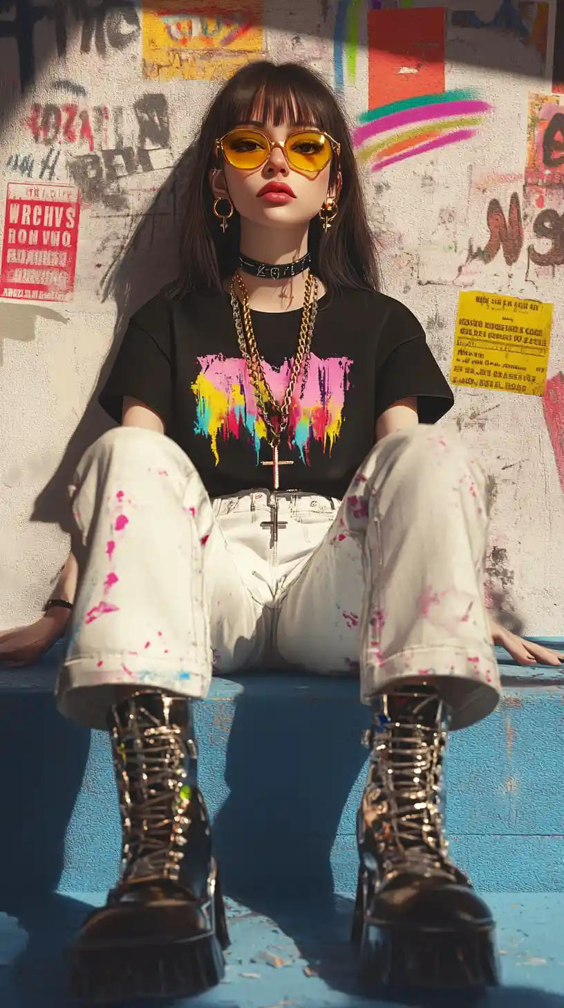 Stylish woman in paint splattered outfit against graffiti wall