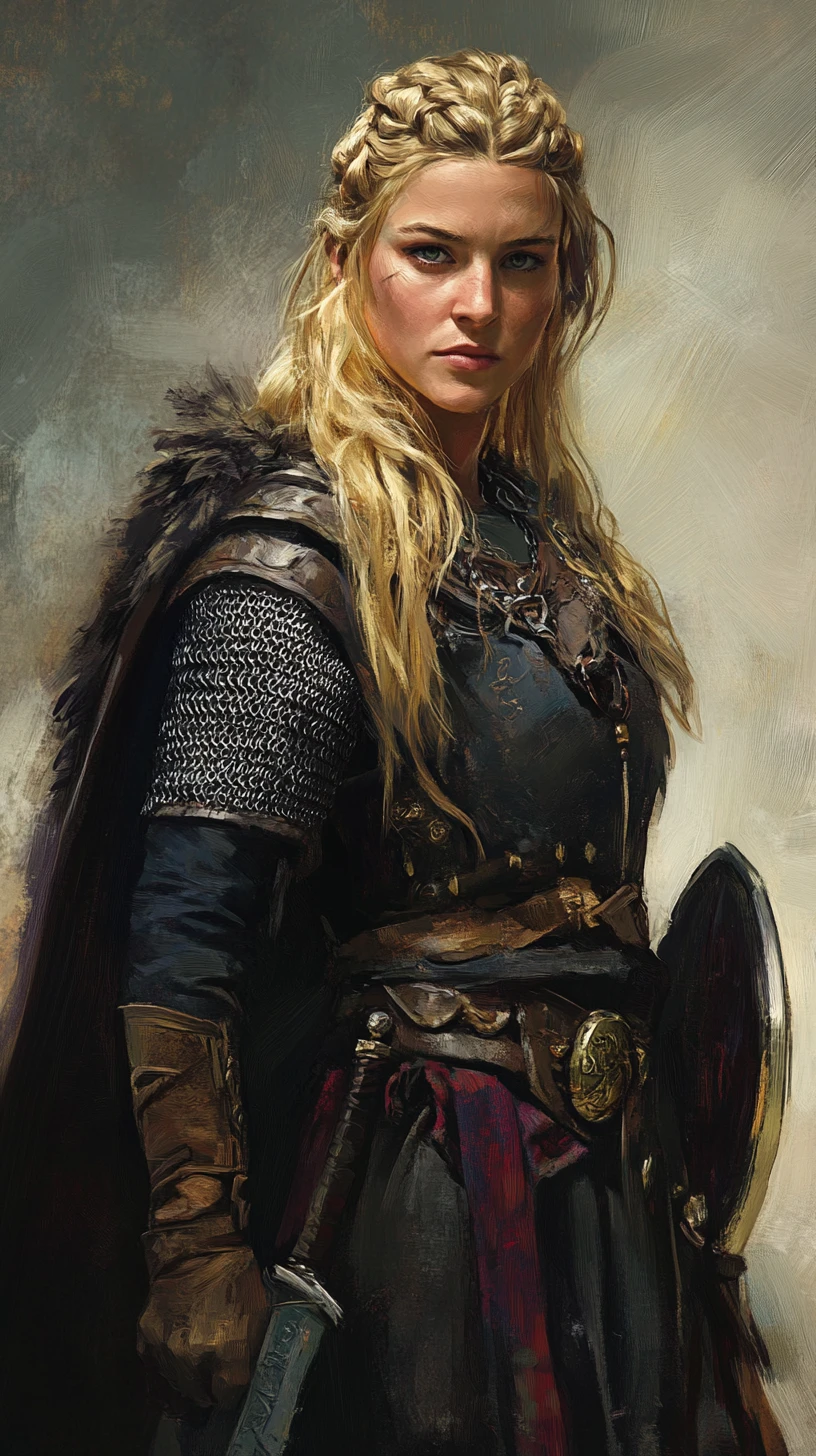 Blonde viking warrior woman with shield and axe