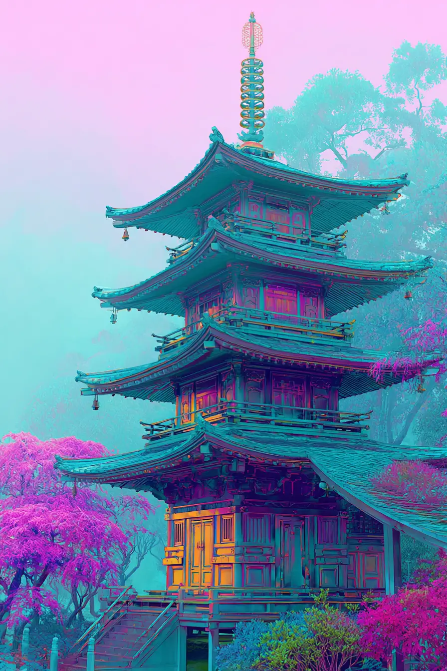 Futuristic abstract zen pagoda in glowing pastel colors