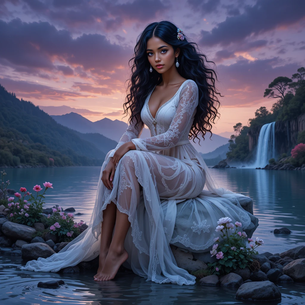 Garota de vestido de renda à beira de uma cachoeira em lago ao crepúsculo