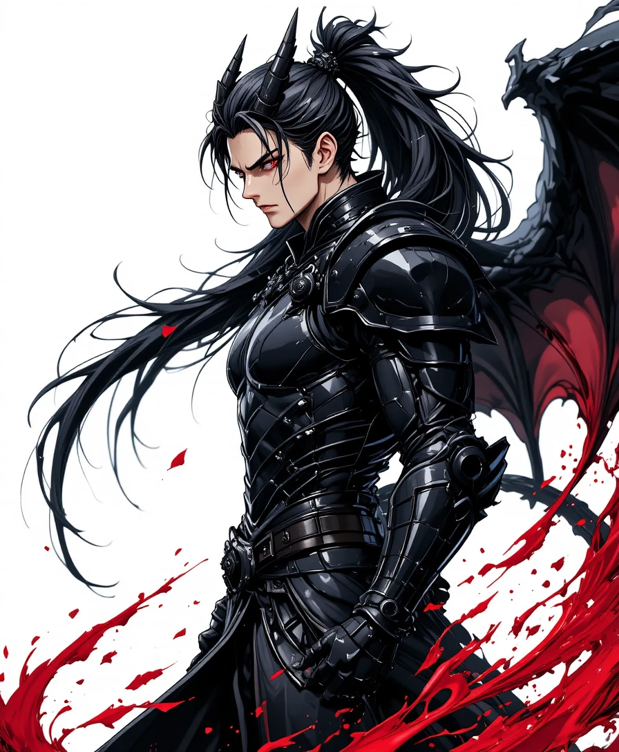 Anime male warrior in black dragon armor on white background